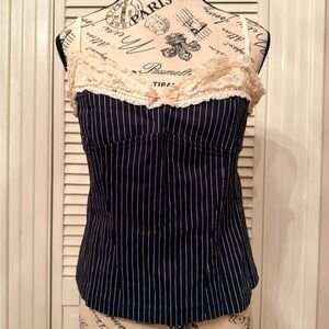Navy Pinstripe Lace Trim Top